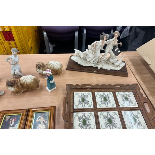 173 - Selection of miscellaneous to Lladro figure and wooden tiled tray etc