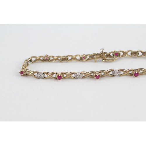 152 - 9ct gold diamond and ruby set Hugs and Kisses bracelet (4.1g)