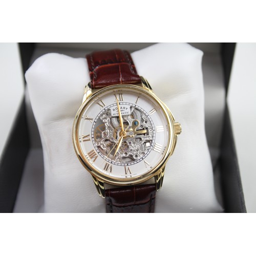 517 - ROTARY Gents Gold Tone Skeleton Dial Wristwatch Automatic Working Boxed