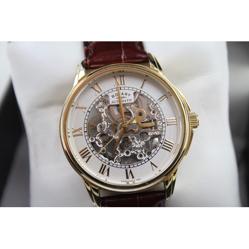 517 - ROTARY Gents Gold Tone Skeleton Dial Wristwatch Automatic Working Boxed