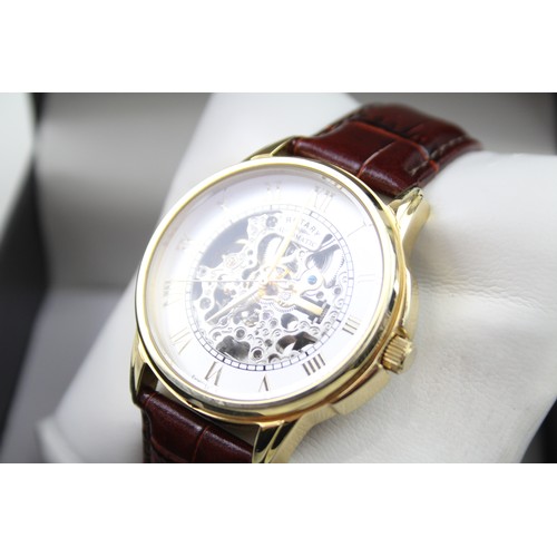 517 - ROTARY Gents Gold Tone Skeleton Dial Wristwatch Automatic Working Boxed