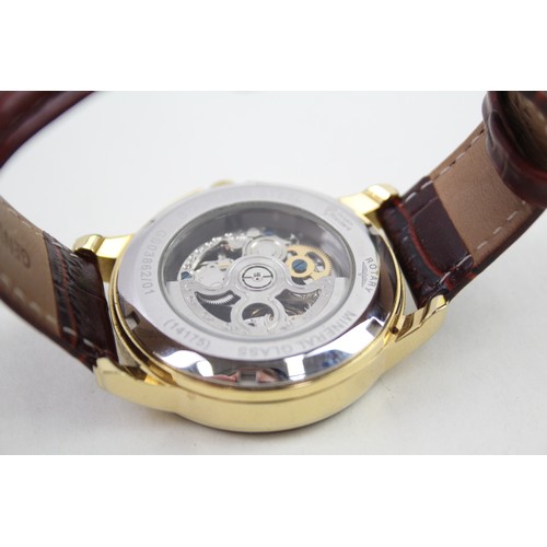 517 - ROTARY Gents Gold Tone Skeleton Dial Wristwatch Automatic Working Boxed