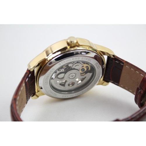 517 - ROTARY Gents Gold Tone Skeleton Dial Wristwatch Automatic Working Boxed