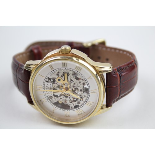 517 - ROTARY Gents Gold Tone Skeleton Dial Wristwatch Automatic Working Boxed