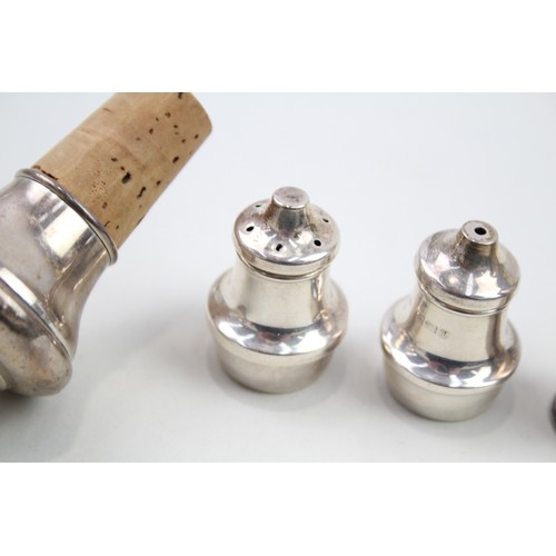 349 - 4 x .925 sterling salt & pepper cellars & bottle stopper