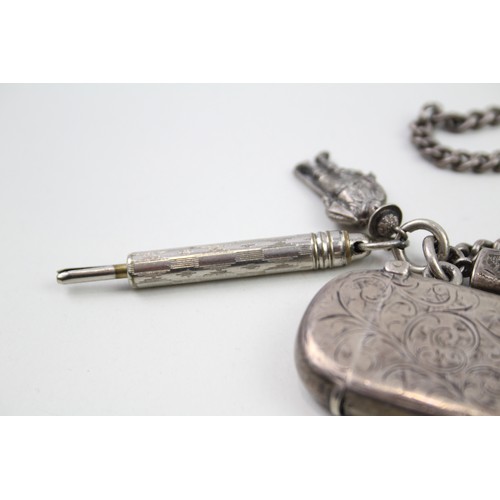 357 - .925 sterling late victorian vesta on albert chain w/ pencils, charm etc