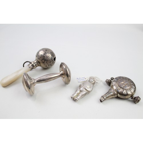 364 - 4 x .925 sterling silver baby's rattles inc mop etc