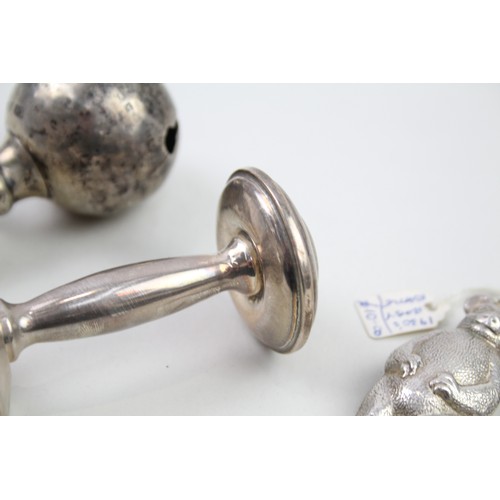 364 - 4 x .925 sterling silver baby's rattles inc mop etc