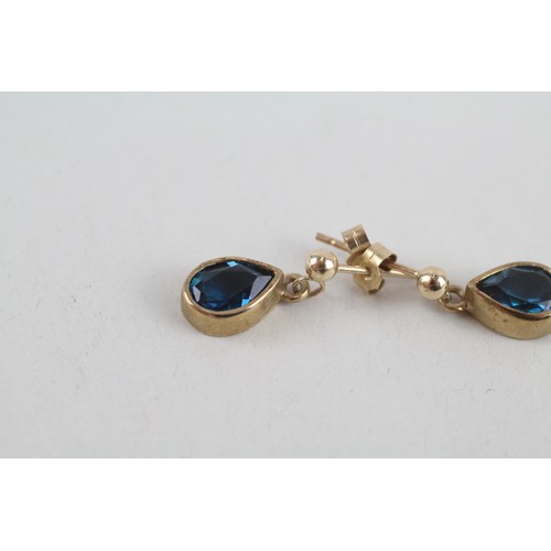 155 - 9ct gold deep blue topaz set teardrop earrings (1.5g)