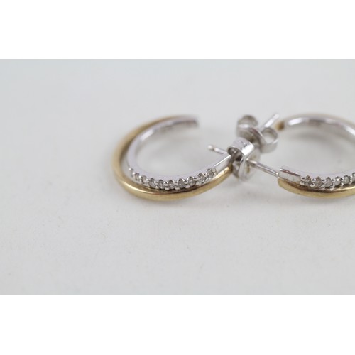 157 - 9ct white and yellow gold diamond set half hoop earrings (2.7g)