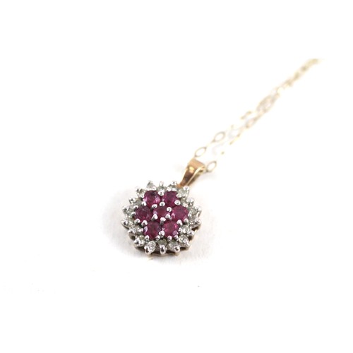 184 - 9ct gold ruby & diamond pendant & chain (1.4g)