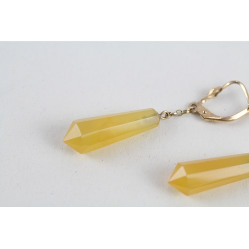 208 - 9ct gold yellow chalcedony drop earrings (4.3g)