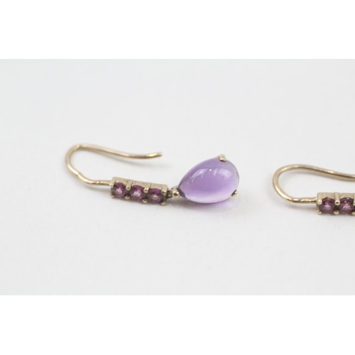 214 - 9ct gold amethyst & garnet drop earrings (1.7g)