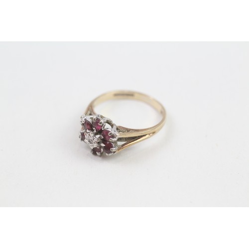 239 - 9ct gold ruby & diamond vintage cluster ring (2.3g) ring size K