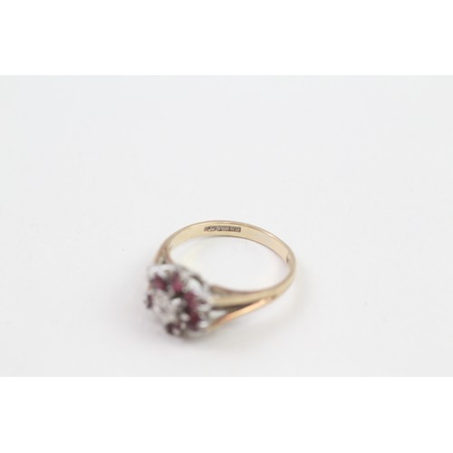 239 - 9ct gold ruby & diamond vintage cluster ring (2.3g) ring size K