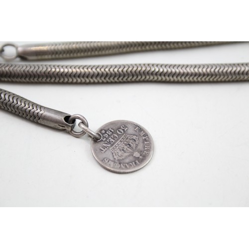 417 - Silver antique watch chain with coin (58g)