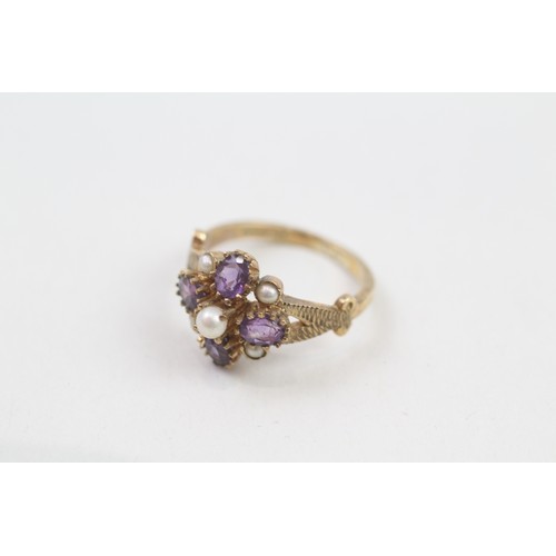 294 - 9ct gold amethyst & seed pearl dress ring (2.6g) Ring size j/k