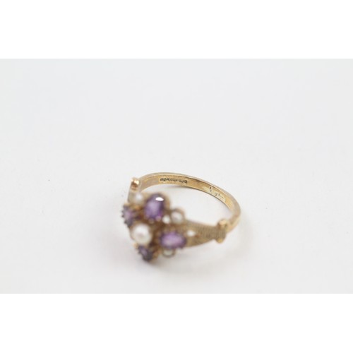 294 - 9ct gold amethyst & seed pearl dress ring (2.6g) Ring size j/k