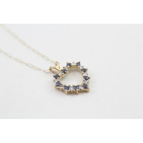 296 - 9ct gold sapphire & diamond cluster heart shaped pendant & chain (1.1g)