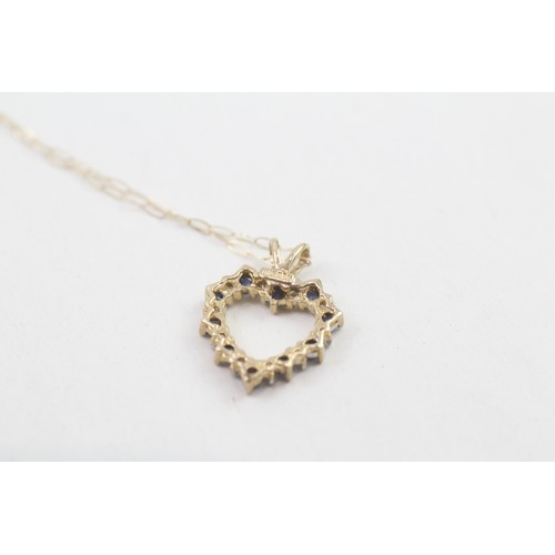 296 - 9ct gold sapphire & diamond cluster heart shaped pendant & chain (1.1g)