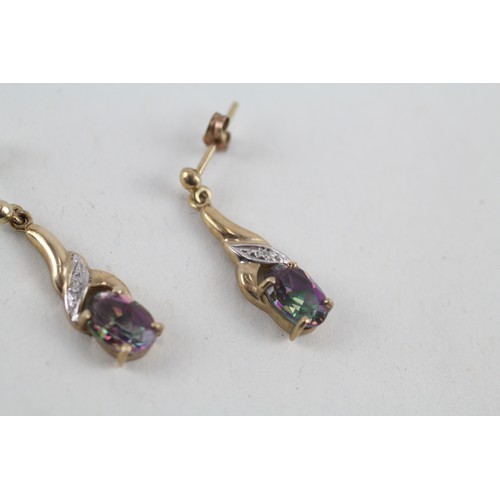 305 - 9ct gold diamond & mystic topaz drop earrings (1.6g)