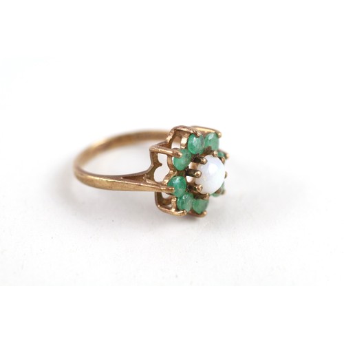 311 - 9ct gold opal & emerald floral cluster ring (2.9g) Ring size L/M