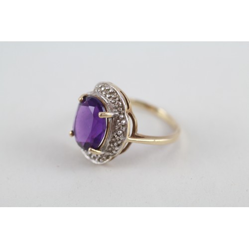 315 - 9ct gold diamond & amethyst cocktail ring (3.5g) Ring size o/p