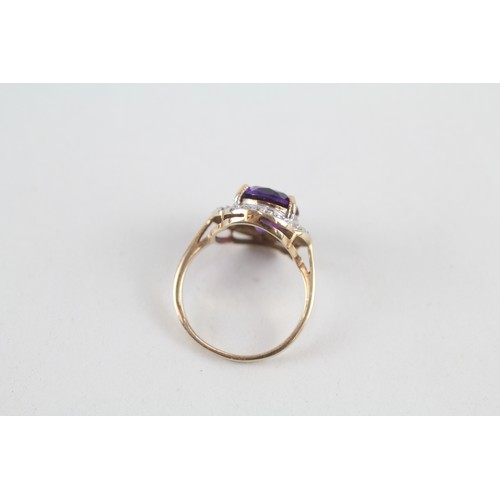 315 - 9ct gold diamond & amethyst cocktail ring (3.5g) Ring size o/p