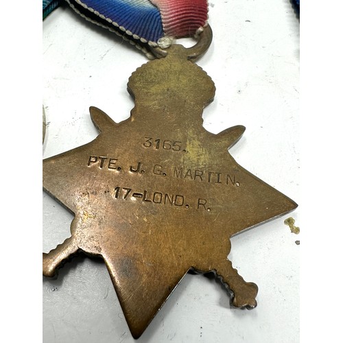 592 - WW1 1914-15 Star Trio & Original Ribbons inc. Named 3165 Pte J.G. Martin 17th london reg