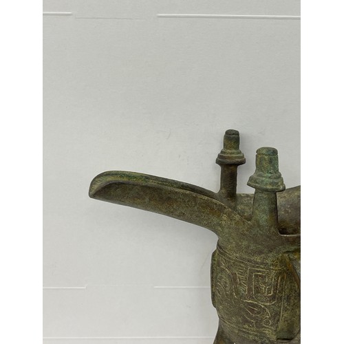 587 - Antique Chinese bronze Jue drinking vessel, height 7 inches