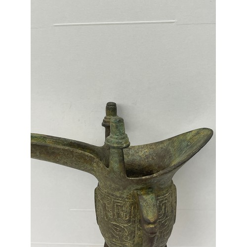 587 - Antique Chinese bronze Jue drinking vessel, height 7 inches