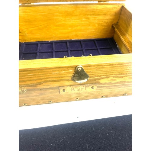 228 - Brass bound coin box measures approximately 5 inches tall 15 inches wide 11 inches depth