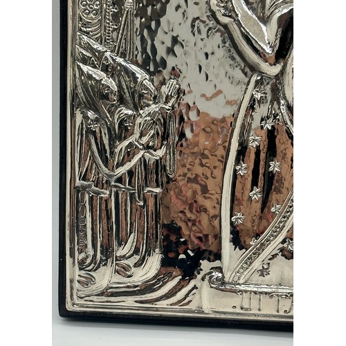 591 - Sterling silver religious icon, hall marked- measures approx 8.5 inches tall by 7.5 wide