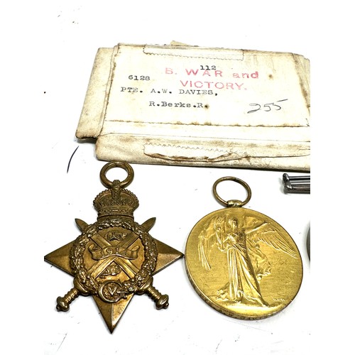 595 - WW1 1914 Mons Star Trio & Box Lid & Award Notice inc. Named 6128 Pte A.W Davies r,berks