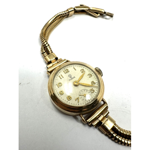 485 - 9ct gold ladies rolex tudor wristwatch 9ct gold strap the watch is ticking weight 18.5g