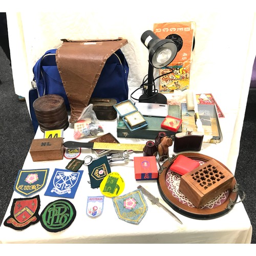 202 - Box of miscellaneous to includes Vintage lamp, silver plated ware, binoculars, Chinese Olympic pins ... 