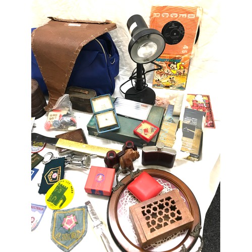 202 - Box of miscellaneous to includes Vintage lamp, silver plated ware, binoculars, Chinese Olympic pins ... 