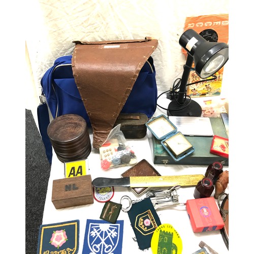 202 - Box of miscellaneous to includes Vintage lamp, silver plated ware, binoculars, Chinese Olympic pins ... 