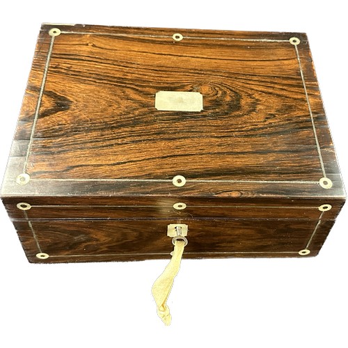 38 - Mother of pearl inlaid Rosewood small sewing box with key, approximate measurements: Width 10 inches... 