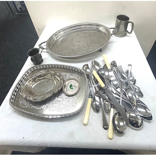 112 - Selection of metal ware includes trays, cutlery etc