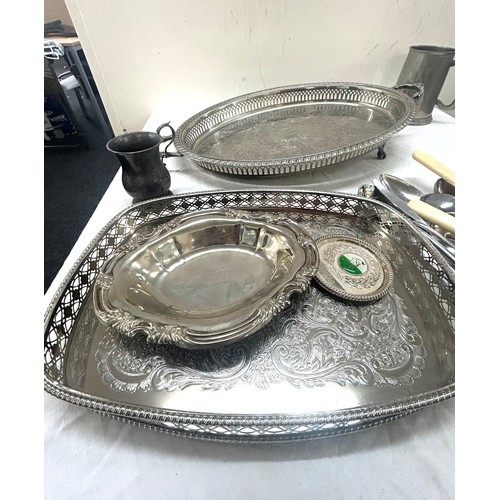 112 - Selection of metal ware includes trays, cutlery etc