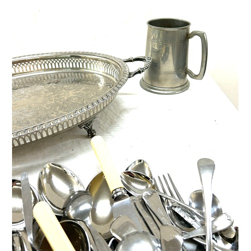 112 - Selection of metal ware includes trays, cutlery etc