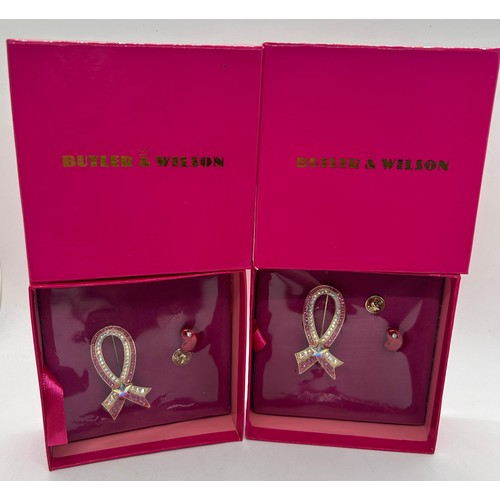 533 - 2 boxed Butler & Wilson vintage pink ribbon brooches with love heart pin badge