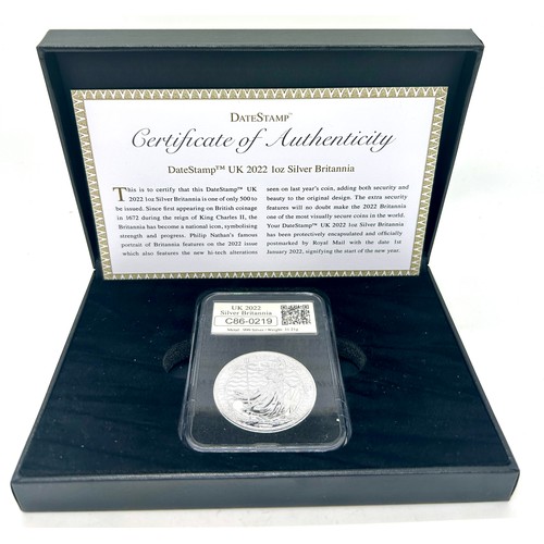 458 - Cased Datestamp UK 2022 1oz Silver Britannia year of issue 2022 with COA