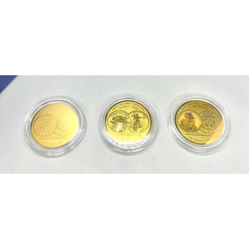 452A - 3 Solomon Islands, gold plated $10 coins by the worlds most valuable gold coins, to include USA Doub... 