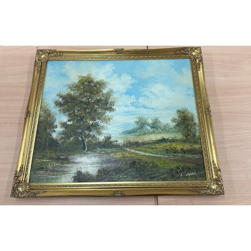 98 - gilt framed oil on board signed measures approx 27 inches wide by 23 long