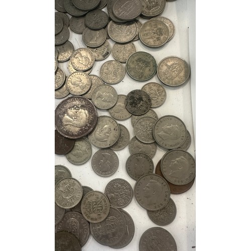 444 - Tray of vintage coins includes six pences etc