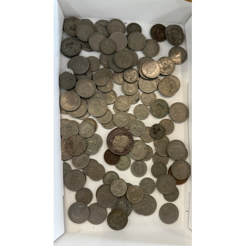 444 - Tray of vintage coins includes six pences etc