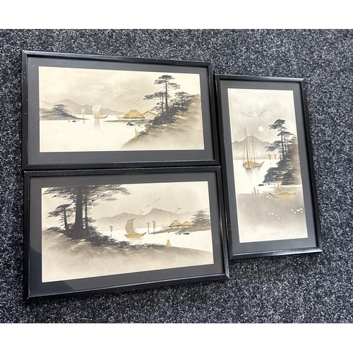 120 - Three framed oriental painted scenes measures approx 12 inches wide by 7 inches long