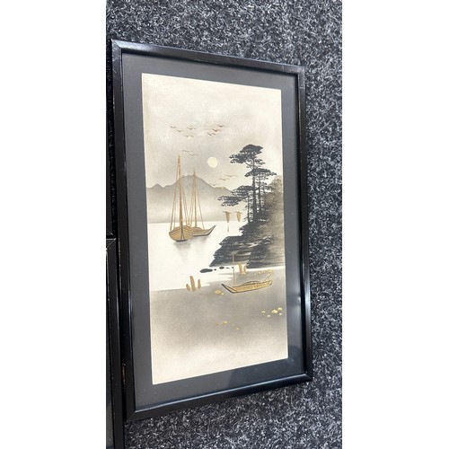 120 - Three framed oriental painted scenes measures approx 12 inches wide by 7 inches long